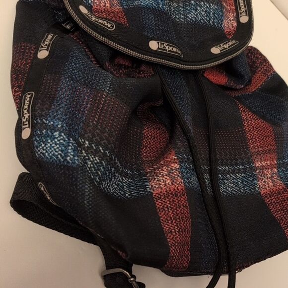 Lesportsac Checkered Plaid Small Backpack Black Red Cinch Bag Pockets Flap main image 8
